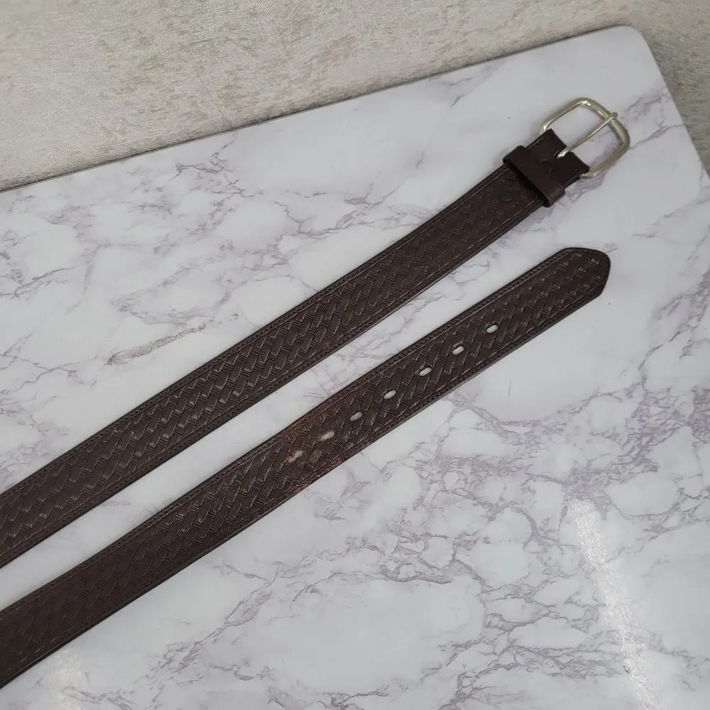 Brown Leather Belt for Men Basket Weave Embossed Design